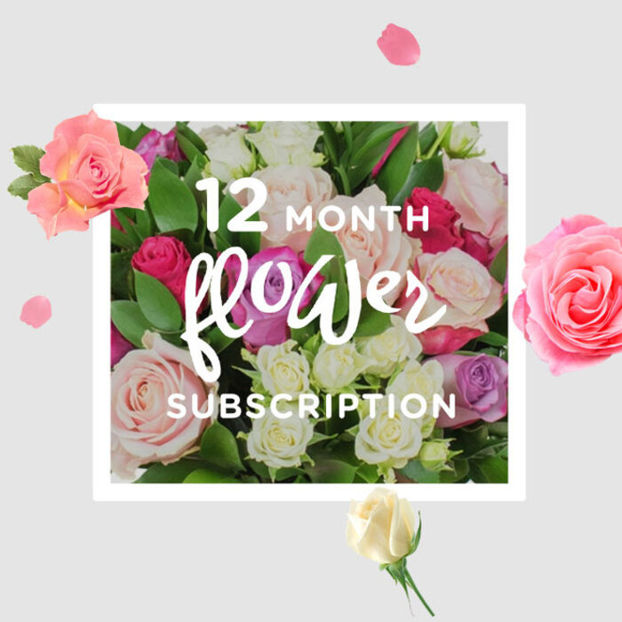 The photograph presents a 12-month rose subscription as a carefully crafted story in flowers, each petal suggesting another chapter yet to come. In the centre, roses in shades of soft blush, cream, lilac and brighter berry tones are massed together, creating a full, rounded bouquet that feels both classic and contemporary. Some blossoms are fully open, their inner spirals revealed and layered like finely folded fabric, while others remain partially closed, preserving a sense of mystery and anticipation. Rich green foliage embraces the roses from beneath and between, adding depth and a natural structure much like the leafy avenues around Grove Park and the nearby Strand on the Green. The interplay of matte petals and slightly glossy leaves catches the light, giving a sense of three-dimensional texture you can almost feel with your fingertips. Against a smooth, creamy background, individual petals and small roselets drift and hover, as though gently falling through the air, echoing the way each month of the subscription will quietly transform the atmosphere of a room. There is a calm, almost meditative quality to the scene, making it easy to picture this bouquet placed on a kitchen table overlooking the Thames or in a hallway near Grove Park station, ready to greet anyone who comes home. The arrangement feels suited to marking life's ongoing milestones-a first home, a long-distance relationship, or a year of recovery and renewal-offering the reassurance of regular deliveries and the comforting constancy of roses arriving fresh throughout the seasons.
