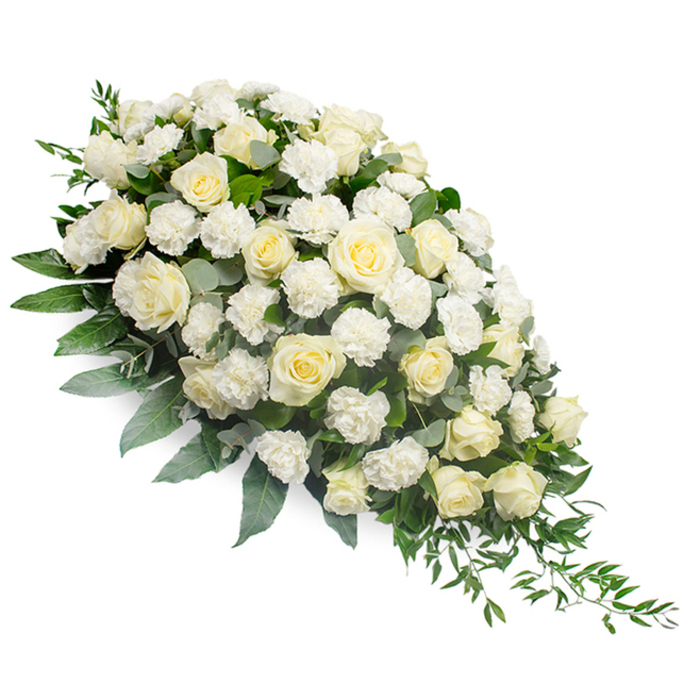 A beautifully composed funeral spray in shades of white and cream is shown lying diagonally on a stark white surface, its form broad and lush at the top left and gradually narrowing to a refined point towards the bottom right. The central body of the design is dominated by classic white and ivory roses, arranged so that no two blooms look quite the same-some are tightly closed buds, others partially unfurling, and many fully open with their plush, spiralled petals delicately cupped. Nestled among these roses, clusters of white carnations create a soft, ruffled texture, their layered frills lending an almost cloud-like quality that balances the smoothness of the rose petals. The flowers emerge from a rich foundation of greenery that both supports and frames them: deep green leaves add depth and grounding, while sprigs of muted, silvery eucalyptus weave through the heart of the spray, bringing a cool, tranquil tone. From the tapered end, fine ruscus stems and other trailing greens extend gracefully down and out, emphasizing the elongated teardrop silhouette and giving the impression of gentle movement, as though the arrangement is quietly flowing downward. The lighting is clear and diffused, ensuring every detail-from petal edges to leaf veins-is visible yet soft, reinforcing the sense of calm reverence. This type of arrangement feels perfectly suited to a memorial or funeral in Grove Park, perhaps set near the serene pathways that lead towards Chiswick or the quiet residential streets by Grove Park Road. Crafted by a skilled local florist, it communicates sympathy and respect through its pure palette, offering a quiet, dignified tribute when families gather to say goodbye.