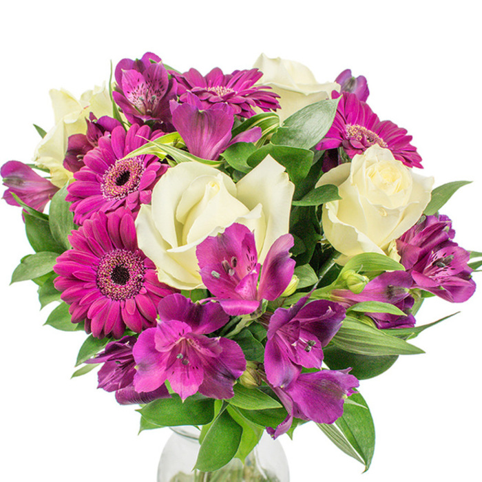 A professionally composed, vibrant round bouquet set against a crisp white backdrop, where the clarity of the photograph allows every petal and leaf to read like an invitation. Several creamy white roses take centre stage with their soft, velvety petals tightly furled at the heart and then gently unfurling to reveal classic, romantic form. At least three deep magenta Gerbera daisies punctuate the arrangement with vivid, almost fuchsia petals and distinctive dark central discs, their cheerful presence energising the composition. Rich purple and fuchsia Alstroemeria - Peruvian lilies - weave through the bouquet, their slender, trumpet-like petals often marked with subtle speckles and darker veins that add a considered, exotic counterpoint. The blooms are densely grouped so the textures interplay: the smooth rose blooms, the bold gerbera faces, and the feathery, patterned alstroemeria create a layered visual rhythm. Dark, glossy foliage in a variety of shapes - from broad leaves to narrow, sword-like greens - frames the flowers and creates a lush backdrop that enhances colour contrast and volume. The very bottom of the image reveals a clear glass vase, its rim and a hint of water anchoring the display and catching a faint reflection, which reinforces the composition's freshness. This bouquet reads as celebratory yet refined, perfectly suited to a birthday table, an anniversary surprise, or to lift a living space in Grove Park, Hither Green, or nearby Downham. The overall effect is one of thoughtful craftsmanship, vibrant colour harmony, and an approachable elegance.