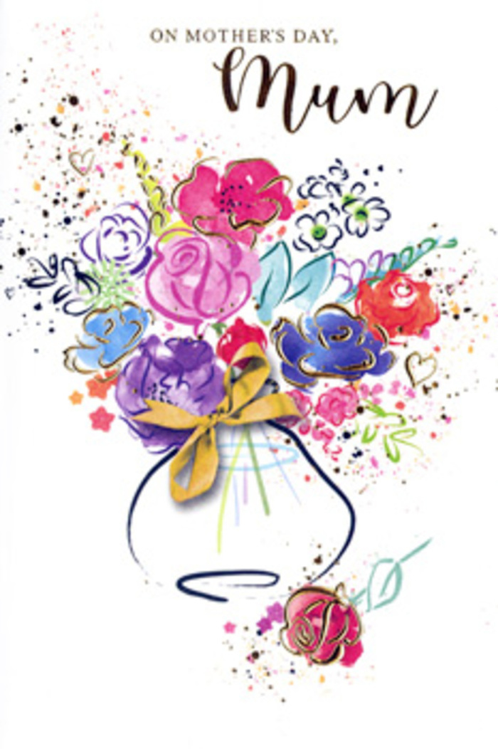 On this expressive Mother's Day card, an exuberant bouquet of painted flowers appears to bloom outward from the centre, full of personality and emotion. The artist has used sweeping, fluid strokes of hot pink, cerise, and magenta to suggest full, open blossoms, their petals overlapping in transparent layers that recall real petals turning toward the light on a bright morning in Grove Park. Deep indigo outlines define certain petals and central details, adding depth and drama, while warmer flashes of apricot, coral, and soft peach slip between them, giving the bouquet a sunlit glow. Interspersed are touches of lavender, pale blue, and fresh green, hinting at smaller accent flowers and foliage, so the composition feels diverse yet harmonious, like a well-balanced hand-tied arrangement ready for local delivery. Fine golden highlights skim across edges and trace small accents within the blooms, evoking both the preciousness of the moment and the quiet radiance of a mother's love. At the base of the card, a whimsical vase anchors the explosion of colour, rendered in soft curves and semi-transparent washes, its neck encircled with a neat golden bow that calls to mind the final flourish before a bouquet leaves the florist's workbench. Around the main cluster, sprinkles of colour, delicate hearts, and gentle splatters give the card a lively, celebratory feel, as though petals are dancing in mid-air above the pavements of nearby Chiswick and Strand-on-the-Green. The artwork reads as a painterly, keepsake bouquet: spontaneous yet thoughtful, capturing the gratitude and admiration felt on Mother's Day and preserving it in enduring strokes of colour.
