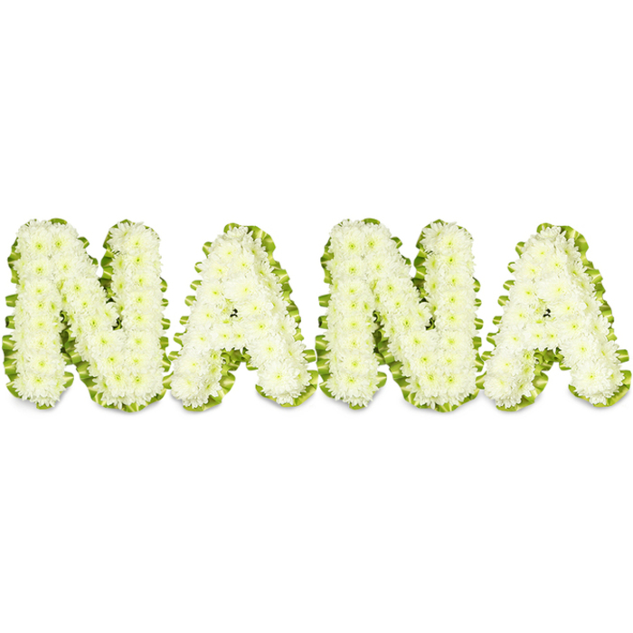 A dignified, three-dimensional floral tribute spells NANA in large, sculptural letters crafted from hundreds of small, pristine white chrysanthemums set against a minimalist white background. Each letter - N, A, N, A - is built from tightly clustered button mums whose tiny rounded heads create a pillowy, textured surface that appears both substantial and soft. A vivid green border of neatly trimmed foliage or ribbon outlines every letter, the bright verdant rim providing crisp definition and a fresh colour contrast that accentuates the purity of the white blooms. The arrangement reads as a sincere, respectful homage: the cool white suggests peace and purity, while the green trim evokes renewal and continuity. Gentle, balanced lighting reveals subtle shadows between the florets and the careful depth of each character, testifying to the meticulous craftsmanship behind the piece. As a sympathy or memorial tribute, this work is intended for chapels, memorial halls, or graveside settings and carries the quiet dignity suitable for celebrating the life of a beloved grandmother or matriarch. Locally, such tributes are commonly prepared for services in and around Grove Park, delivered with care to nearby churches and funeral directors serving Downham and Lee, and can be supplied by Grove Park Florist who understands the neighbourhood's need for thoughtful, well-made memorial flowers. The composition combines botanical texture, clean design, and heartfelt sentiment to offer comfort and a lasting visual expression of honour and love.