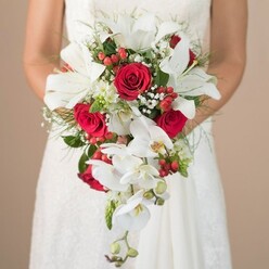 In this intimate, close-framed photograph, the camera lingers on a cascading bridal bouquet held close to the waist of a bride dressed in white, while her figure remains softly blurred in the background. The bouquet itself commands attention with an opulent mix of red and white blooms, arranged in a luxurious shower shape that flows downwards in an elegant curve. Prominent among the flowers are large white lilies, their satin-smooth petals fully open and their stamens stretching outward, adding a hint of golden pollen at the center. Nestled between them are deep red roses, velvety and full, their spiralling petals suggesting both romance and a certain quiet intensity. From the lower portion of the bouquet, graceful white phalaenopsis orchids tumble delicately toward the hem of the gown, each orchid bloom marked with subtle yellow throats and curved petals that bring movement and lightness. Tiny star-like white filler flowers, akin to gypsophila, weave through the arrangement, catching the light and softening the bolder shapes of lily and rose. Clusters of bright red berries offer texture and a touch of festive charm, echoing the kind of seasonal details often requested by couples marrying in and around Grove Park, perhaps on a crisp afternoon near the park or along the residential streets off Grove Park Road. A mixture of feathery green foliage and stronger, glossy leaves supports the entire composition, ensuring the cascade feels natural rather than heavy. The bride's bare arms gently encircle the bouquet, emphasizing how carefully it is held, as though it were a treasured keepsake. A warm beige backdrop is blurred to a creamy wash, allowing every intricate floral detail, from the smooth orchid petals to the tiny berry stems, to stand out clearly and evoke the tenderness of a wedding day.