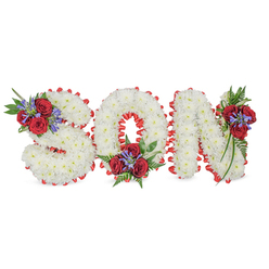 Arranged with the considered skill of an experienced local florist, this personalised funeral tribute spells SON in three bold, three-dimensional letters positioned against a neutral white backdrop. Each letter is densely surfaced with small white chrysanthemums, their tight clusters creating a soft, pillowy texture that reads as both tender and respectful. A vivid red satin ribbon trims the outline of each character, pleated into a scalloped edging that crisply frames the white mass and draws the eye to the letter shapes. Three concentrated floral accents punctuate the design: the S hosts a spray on its top-left curve, the O cradles a cluster at its bottom centre, and the N is graced with blooms on its top-right stem. Those accents are composed of lush, deep-red roses with velvety petals, interspersed with upright blue-purple spikes-likely Liatris or similar-and layered with dark green foliage and delicate fern fronds that trail gently over the letters. Under soft, diffused lighting the contrast between pristine white and saturated red feels both formal and tender; the roses lend a warm fragrance while the chrysanthemums remain quietly fragrant and fresh. Symbolically the arrangement speaks of purity, love, and enduring remembrance, making it appropriate for display at a funeral, wake, or graveside service. Prepared by Grove Park Florist with a calm attention to proportion and finish, this tribute reflects the kind of personalised sympathy piece families in Grove Park, Lee and nearby Hither Green often choose when they want a simple, heartfelt farewell.