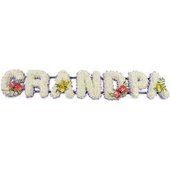 The image presents a long, carefully crafted floral arrangement spelling the word GRANDPA in capital letters, the kind of tribute lovingly placed at a funeral or celebration of life. Each letter is fully covered in small, uniform white chrysanthemums, their layered petals giving a plush, textured surface that looks almost like soft fabric from a distance. The white blooms suggest peace, innocence, and a quiet farewell, while a trim of light lavender ribbon along the base of each letter adds a gentle touch of colour and helps define the strong, block shapes. The letters are aligned in a straight row on dark green support bars, which sit unobtrusively behind the flowers so the word reads clearly and continuously. Thoughtful accent sprays introduce deeper tones and personality. On the left, the 'G' carries a spray of crimson red anthuriums, their glossy, heart-shaped blooms and bright, central spadices standing out vividly against the white cushion, framed by deep green leaves and hints of purple filler. Closer to the centre-right, the 'D' features a similar cluster of red anthuriums and foliage, balancing the composition. The first and last 'A' are softened with clusters of yellow-green orchids, their elegant faces and slender stems woven into fresh greenery in a way that feels natural yet refined. You can almost imagine this Grandpa piece resting in a Grove Park chapel or being carried gently through nearby streets to a service by the Thames, a floral message from children and grandchildren. The overall impression is one of dignity, warmth, and gratitude, a tribute that speaks quietly but clearly of a life cherished and remembered.