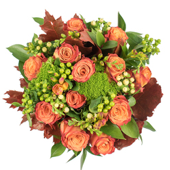 From a bird's-eye perspective against a clear white backdrop, this densely packed fall arrangement presents itself as a studied chorus of autumn tones and textures, made with the neighbourhood in mind. A crown of large roses commands the centre, their petals graduated from blush-peach cores to deeper coral and burnt-orange outer petals, the subtle reddening on the tips suggesting leaves turning on a Grove Park lane. Interspersed among these classic blooms are tight clumps of lime-green Hypericum and pale-cream berries; their glossy, rounded forms give the bouquet rhythmic punctuation and a fresh, tactile contrast to the roses' softness. Sprays of green trick dianthus - those cushiony, moss-like pom-poms - offer unexpected density and a verdant pop that reads like a pocket of moss underfoot in a local nature reserve. Scattered through the design are larger, lobed foliage pieces in deep russet and mahogany, echoing late-season maple and oak and anchoring the arrangement visually. The leafy backdrop of fresh greens provides fullness and supports the layered silhouette; overhead light models the velvety roses and makes the berries shine. The composition feels intimate and crafted for seasonal moments - a community table at a local cafe, a Thanksgiving centrepiece, or a thoughtful delivery to friends near Grove Park station. Prepared with florist expertise and ready for local delivery across Grove Park and neighbouring streets, this bouquet balances warmth, texture and restrained elegance - a quiet, radiant celebration of autumn by Grove Park Florist.