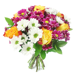 Against a spotless white background, a rounded, hand-tied bouquet seems to almost leap forward, its colours vivid and uplifting. Dominating the composition are several large roses with beautifully graded petals, their centres a sunny golden yellow that gradually shifts through warm orange to a subtle reddish-orange tracing the outer edges. These roses provide an immediate feeling of warmth, like late afternoon light over the gardens of Grove Park. Threaded generously around them are white daisy-like chrysanthemums, each bloom carrying a sharply defined lime-green centre, the contrast between the crisp white rays and vibrant green cores lending the bouquet a fresh, clean character. Nestled between these lighter flowers, clusters of small, densely petalled chrysanthemums in deep magenta and fuchsia tones introduce a richer note, their compact heads and yellow-green centres giving the design a textured, slightly playful feel. Dark green foliage peeps out here and there, adding structure and a natural frame that helps the colours appear even stronger. At the base, the stems are tightly bound and freshly cut, a visible sign of professional care and the immediacy of the arrangement, as if it has just been prepared for delivery along the quiet residential roads off Grove Park Terrace. The bouquet radiates an easy happiness and a sense of thoughtful intention, ideal for marking everyday celebrations, saying thank you to a neighbour, congratulating someone on new beginnings, or simply brightening a room with a confident splash of colour and life.