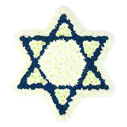 This photograph shows a striking Star of David floral arrangement, designed as a Jewish funeral tribute and presented against an uncluttered white background. The entire six-pointed star is framed by a generous band of white chrysanthemums, their many layered petals giving the outline a soft, cloud-like appearance while clearly marking the crisp shape of the Magen David. Within this border, the florist has created a bold central hexagon of pure white blooms, a space that seems to glow gently, as if inviting a moment of reflection. Around this centre, the six points of the star extend outward in strong, dark blue or indigo triangles, densely filled with velvety flowers that provide a deep, solemn contrast to the brightness of the white. Near the base of each of these blue segments, closer to the centre, a small inward-pointing white triangle has been added, so white shapes appear to pierce the blue, creating an intricate pattern that reflects the careful thought behind the tribute. The close packing of the petals gives the whole piece a plush, textile-like surface, with no stems, greenery, or mechanics visible. It feels like a carefully crafted work of floral art, the kind of meaningful Star of David design a family in Grove Park might choose for a funeral at a nearby chapel or crematorium, or to send to a shiva home along the quiet residential streets between the river and Grove Park station, offering comfort, cultural connection, and a respectful farewell.