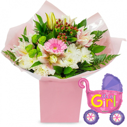 This image presents a tender new baby girl arrangement styled with the care of an experienced Grove Park florist. The scene is set against a clean, white background so the soft colours and intricate details of the flowers can truly breathe. A tall, square, blush-pink gift box forms the base, holding a generous bouquet that overflows with freshness. At its heart, a bright pink gerbera daisy opens towards the viewer like a joyful sun, each petal smooth and slightly curved, creating a warm, welcoming centrepiece. Around it cluster fluffy white chrysanthemums, their numerous petals forming rounded, cushion-like blooms that give a feeling of softness and security. Pale pink and white alstroemeria lilies weave through the arrangement, their speckled petals adding fine, painterly markings and a touch of elegance. A creamy yellow lily bud rises slightly above the main flowers, not yet open, symbolising new beginnings and the promise of days to come. Nestled between the blossoms, vivid lime-green button flowers provide textured pops of colour, while deep green leaves and light, feathery fern fronds frame the bouquet with natural richness. Here and there, small clusters of red hypericum berries peek out, giving a subtle, berry-like accent that evokes homely warmth, much like the welcoming streets around Grove Park station. The whole bouquet is wrapped in layers of soft pink tissue and clear cellophane, gently crinkled and reflective, enhancing the sense of freshness and care. To the right, a foil balloon in the shape of a baby pram floats cheerfully. Predominantly hot pink, it features a purple hood and purple wheels with colourful spokes that radiate outwards. Bold yellow and green lettering proudly reads "It's a Girl!", with tiny heart motifs finishing the design. The combination of flowers and balloon creates a scene of heartfelt joy, perfect for welcoming a newborn daughter in Grove Park.
