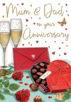 An elegant anniversary card scene is illustrated as though set on a polished table in a Grove Park sitting room, thoughtfully composed to honour the enduring love of Mum and Dad. Two luxuriant red roses rest at the centre, petals softly unfurling in layered spirals, their deep ruby tones playing against the glossy green leaves that cradle them, reminiscent of a freshly arranged bouquet from a trusted local florist. Close by, a heart-shaped chocolate box lies invitingly open, rows of chocolates arranged with care, while a wide red ribbon forms a dramatic bow across its lid, catching the light like satin under a warm lamp. Just behind, two slender champagne flutes stand close together, filled with golden sparkling wine; inside each glass, delicate bubbles rise in graceful streams, suggesting a celebratory toast waiting to be shared as the evening unfolds. Across the background float tiny golden flecks and crimson hearts, which weave around the handwritten "Mum & Dad" message, creating a frame of gentle movement and affection. In the foreground, a bright red envelope lies slightly askew, sealed and ready to be opened, implying a hand-penned note filled with memories, perhaps written after a quiet stroll along the tree-lined streets leading toward Chiswick and the river. The card's soft, diffused glow hints at cosy interior light, echoing the comfort of home in Grove Park. You can almost sense the clink of glass, the rustle of card, and the imagined perfume of roses blending with chocolate, capturing the spirit of anniversaries celebrated with tenderness, shared treats, and the simple pleasure of being together.