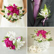 This four-panel collage illustrates how a single floral palette can unify a whole Grove Park wedding, from aisle to reception. In the top-left image, a bride in a strapless white gown holds a lush, rounded bouquet close to her waist. Her hands, gently clasped with a slender ring catching the light, support a rich blend of fuchsia pink peonies and crisp white alstroemeria. The peonies are deeply layered and velvety, filling the bouquet with colour and volume, while the alstroemeria's white petals, marked with fine maroon flecks, add contrast and a refined, almost painterly detail. Threads of pale green spiky blooms and dark green leaves weave throughout, giving the design a sense of movement and freshness, as though it belongs on a sunlit terrace overlooking Grove Park's leafy streets.
Top-right, the groom's charcoal suit and lavender-purple tie provide the backdrop for a neat boutonniere. This lapel flower repeats the wedding's chosen stems: a petite head of white alstroemeria, delicate green spikes, and small polished leaves, all wrapped securely with a lilac satin ribbon. The textures of petal, silk, and wool blend elegantly, signalling thoughtful styling that will endure a day of celebration.
In the bottom-left panel, a smaller bouquet lies on a softly textured beige fabric. It features the same vivid pink peonies, white alstroemeria, and greenery, compact and hand-tied, the stems encased in vibrant lavender ribbon. This could be a bridesmaid's bouquet or a toss bouquet waiting by the door of a Grove Park church.
The bottom-right panel shows a low, modern centerpiece created from the same flowers. The blooms are gathered into a round white vase woven from criss-crossing strands, creating a hollow, sculptural globe. Nearby, three lighter beige woven spheres of varying sizes echo this form, offering a stylish, cohesive finishing touch for wedding tables across Grove Park.