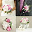 This photograph presents a harmoniously coordinated wedding flower suite, styled with the kind of understated elegance that suits a Grove Park celebration near the river. The bridal bouquet dominates the composition, rich with cream peonies and blush-pink roses, their petals unfolding in generous, layered spirals that feel both luxurious and approachable. A few blooms carry deeper notes of magenta and soft lavender, adding depth and dimension without breaking the pastel calm. Drifting between the larger flowers, clusters of fine white gypsophila create a misty veil that softens the transitions and gives the bouquet a light, airy structure. Wrapped around the blooms, smooth, deep-green leaves arc and cradle the arrangement, their clean lines offering a gentle counterpoint to the softness of the petals. Nearby, you can see the groom's boutonnière and smaller companion pieces-perhaps for bridesmaids or family-each carefully designed as a scaled-down echo of the main bouquet. The boutonnière features a single lilac-tinged rose, a tiny spray of baby's breath, and a hint of delicate greenery, tied neatly with a narrow ribbon that gleams subtly in the light. The overall mood is one of quiet romance and thoughtful detail, ideal for an intimate wedding held in the tree-lined streets or local venues around Grove Park. The lighting is soft and flattering, evoking the gentle glow of late afternoon, and you can almost imagine the cool stems in hand, the touch of velvet petals against fabric, and the light, sweet fragrance that lingers as vows are spoken and the reception begins nearby.