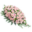 An elegant pink funeral spray is laid out diagonally on a crisp white background, showcasing a classic teardrop form that widens across the top and sweeps gently down to a fine point. The entire surface is covered with soft pink and light peach-pink roses and carnations, creating a lush, continuous blanket of blossoms. Larger, fully opened roses sit proudly at the heart of the design, revealing velvety, spiral-packed petals in varying shades of blush and muted rose, while smaller rose heads and ruffled carnations introduce delicate texture and nuance. The carnations, with their gently fringed petals, nestle closely among the roses, so that the colours blend seamlessly rather than competing, evoking a sense of calm and unity. Around the perimeter, an abundance of dark green foliage establishes a strong, graceful outline: broad, glossy leaves form a stable base along the length of the spray, and finer sprigs of lighter green foliage and trailing stems extend from the sides and pointed tip, softening the contours in a way that feels reminiscent of the leafy side streets and gardens around Grove Park. The lighting is soft and uniform, bringing out the rich greens and subtle pink tones without glare, and enhancing the peaceful mood of the scene. Designed as a sympathy tribute, this casket spray would look at home in a quiet church or crematorium setting in Grove Park, gently conveying condolences, love, and respect. Its serene colours and flowing shape suggest a final, tender farewell, thoughtfully crafted to support grieving hearts.