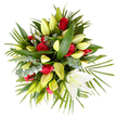 Seen from a gentle overhead angle against a clean white backdrop, this sympathetic bouquet reads as a comforting, carefully balanced mound of blooms and foliage. A dozen deep crimson roses sit scattered through the composition, their velvety, tightly furled petals folding inward like quiet declarations of love; among them a generous collection of white and cream lilies - many long, pale yellow-green buds tapering to a hopeful point - offer a restrained softness. One lily near the lower right has opened fully into a trumpet of pristine white, its subtle yellow stamens delicate against the creamy petals. Surrounding the flowers is a rich scaffolding of greenery: broad glossy leaves give weight and calm, palm-like fronds fan outward with a feathered edge, and clusters of silvery eucalyptus add a cool, textured counterpoint. The overall harmony of reds, whites and muted greens reads as respectful and soothing rather than exuberant. In soft daylight the petals catch a warm glow, and the contrast between the crimson roses and the creamy lilies creates a quiet visual cadence suited to moments of remembrance. A faint, imagined scent - the green soapy lift of lilies underscored by the faint spice of rose - seems to hover above the arrangement, lending a subtle sensory memory to the sight. This composition, the sort we prepare for services around Grove Park and nearby Hither Green, feels crafted to offer solace: elegant, restrained and attentive to detail, a thoughtful floral tribute for funerals, memorial tables, or to send condolences with understated grace.