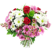 A richly coloured, mixed bouquet is captured against a smooth white background, the lack of distraction allowing the flowers to glow as if lit by soft afternoon light over Grove Park. Dominating the centre are two sumptuous red roses, their petals tightly coiled and full of depth, suggesting passion, admiration, or heartfelt thanks. Surrounding them is a generous ring of white daisy-like chrysanthemums, every bloom pristine and open, each with a striking lime-green centre that injects a fresh, contemporary twist. Woven through this white collar are numerous pink daisy chrysanthemums ranging from gentle blush to deeper middle pink, all sharing the same vivid green centres that echo the crisp foliage. Sprinkled delicately amongst the larger flowers are sprays of tiny waxflower-style blossoms in pale pink, their miniature, cup-shaped flowers gathered in clusters that add fine texture and a sense of movement, as though the bouquet has just been gathered from a well-tended garden. Lush green leaves, some broad and glossy, others lighter and more delicate, peek out between the petals, giving the arrangement a rounded, balanced profile. The stems are visible and neatly bound in a classic hand-tied style, ready to stand in a favourite vase on a Grove Park dining table or brighten a hallway near the calm of the river. The overall impression is one of thoughtful craftsmanship and gentle celebration, perfect for sending love, marking a special birthday, or simply bringing a burst of cheerful colour into a home or office in the local area.