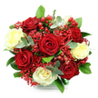 A lush, rounded bouquet takes centre stage against a bright white background, its colours and textures standing out with striking clarity. At the core of the design are sumptuous red roses, their velvety petals deeply saturated and perfectly unfurled, forming generous, open blooms that suggest passion and sincerity. Interwoven with them are creamy white to pale yellow roses, just as full and delicately layered, adding a serene, luminous contrast that balances the arrangement and keeps it from feeling too heavy. Soft clouds of tiny scarlet filler flowers, reminiscent of dyed red gypsophila, drift through the bouquet, filling in the gaps between the larger blooms and lending an airy, almost whimsical texture. Punctuating this softness are neat clusters of smooth, glossy red hypericum berries, each one round and bright, introducing a subtle hint of festive spirit that would feel perfectly at ease on a holiday table or anniversary dinner in Grove Park. The flowers are encircled by a ring of fresh greenery: wide, dark green leaves provide structure and a classic look, while rounded eucalyptus leaves in a silvery-green hue offer a cooler accent and hint at a gentle, refreshing fragrance. The stems appear to be gathered into a clear glass-style container, with the lower portion partially dressed in green and white checkered wrapping, evoking the sense of a hand-prepared gift ready for local delivery. The overall impression is of a bouquet created to convey affection and celebration, suited to intimate gatherings, romantic surprises, or simply bringing a touch of refined warmth to a Grove Park home.