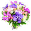 This hand-tied bouquet, set against a pure white background, appears almost like a painting brought to life, each bloom carefully positioned to showcase its natural beauty. Dominating the design are lush pink peonies, fully open and ruffled, their many layers of petals catching soft highlights and deeper shadows that suggest movement and depth. Interlaced with them are dramatic Vanda orchids in saturated shades of purple and fuchsia, their smooth, flat petals patterned with intricate veining that adds a vivid, exotic quality, as though a modern artwork has been woven into the bouquet. Around these statement flowers nestle smaller cluster roses in blush pink and peachy pink, along with creamy white blooms, shown in various stages from tight bud to slightly open, enriching the arrangement with gentle variation and storytelling. Fine white filler flowers-resembling tiny spray chrysanthemums-are scattered throughout, adding texture and a light, airy contrast to the denser petals. Encircling the whole arrangement is an abundance of glossy green foliage, creating a cool, verdant frame that hints at freshness and the scent of cut stems just prepared in a Grove Park workshop. At the base, the stems are aligned and tied with a purple ribbon, softened by a delicate veil of sheer mesh, demonstrating the practiced hand of a professional florist. The overall impression is one of joyful sophistication and tender emotion, making this bouquet an ideal choice for anniversaries, romantic surprises, or thoughtful congratulations, whether it's arriving at a home near Grove Park station or brightening a gathering close to the leafy paths towards Kew and Chiswick.