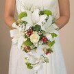 This detailed portrait captures the essence of a Grove Park bridal bouquet, held just below the bride's waist against the gentle backdrop of an ivory lace wedding dress. The bouquet is a masterclass in cascading design, centred on splendid white lilies whose elongated petals are sprinkled with reddish accents, imparting classic elegance. Cradled amongst them is a cream-hued rose, softly curled and exuding romance. Sprightly lime-green cushion mums are woven throughout, their cheerful bursts recalling the verdant lanes and private gardens that give Grove Park its tranquil allure. Wispy white baby's breath surrounds the main blooms, adding a dreamy, cloudlike texture. Gleaming red hypericum berries catch the light and bring a festive counterpoint to the cool whites and lively greens. Cascades of graceful white orchid blooms sweep downward, their delicate petals imbuing the arrangement with gentle movement and luxurious poise. The bouquet is subtly framed with fine, grass-like greenery and lush foliage, celebrating both craftsmanship and a love of nature. The bride's hands, lightly illuminated in the morning sun, clasp the bouquet, while her lace-detailed dress offers a romantic, tactile element to the scene. This bouquet, carefully designed for Grove Park's unique sense of style and serenity, reflects timeless wedding beauty and the joyful promise of new beginnings celebrated in this close-knit London neighbourhood.