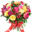 A lush, hand-tied bouquet of premium roses sits against a crisp white background, its rounded silhouette full and abundant. Bright yellow roses catch the eye like small suns, while creamy ivory blooms soften the palette; a range of pinks - from soft blush to vivid fuchsia and delicate bicoloured pink-and-white petals - curl outward beside deep burgundy and classic red roses. The composition mixes large, fully open hybrid tea roses with tighter, clustered spray roses and small buds, producing a tactile rhythm of velvety petals and silken folds. Dark green glossy foliage - likely ruscus or salal - threads through the flowers, creating a cool, verdant backdrop that lifts each colour into sharper relief. At the gathered stems a wide red satin ribbon is tied into a generous bow, its long tails spilling down and catching the studio light; a small white tag tucked into the ribbon reads Happy Holidays, adding a seasonal, personal touch. Soft, natural lighting highlights dew-sheen petals and the gentle shadows between layers of blooms, while the bouquet's fragrance would read as clean and slightly citrus-tinged, a fresh, optimistic scent that complements the visual warmth. This arrangement feels celebratory yet intimate, suitable for birthdays, anniversaries, Valentine's Day or a heartfelt Mother's Day gift. As a Grove Park floral composition inspired by local gatherings and neighbourhood markets, it balances tradition and luxury - a bouquet that speaks of careful design, floral health, and the quiet joy of giving flowers to someone who matters.
