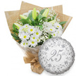 The scene shows a refined anniversary gift arrangement, set against a bright white background where nothing distracts from the interplay of white petals and silver sheen. On the left, a full bouquet of white flowers draws the eye. Daisy-like chrysanthemums dominate, their white petals radiating from small yellow centres that glow softly, adding a note of warmth to the cool, elegant palette. Rising from this cushion of blooms are several long white lily buds, still tightly closed and lightly brushed with pale green along their outer edges, suggesting not just freshness but the slow unfurling of time, much as years unfold together in Grove Park's quiet homes. Fine stems of white baby's breath curl delicately between the larger flowers, their tiny blossoms appearing like a soft mist that wraps the bouquet in a romantic haze. Around them, dark green foliage frames and supports the arrangement, the leaves rich and slightly glossy, creating a natural contrast that makes the white flowers stand out more clearly. The stems are gathered neatly, wrapped in a layer of clear cellophane, then finished with brown kraft paper folded in clean lines and secured at the base, as though ready to be delivered from Grove Park Florist to a couple celebrating a milestone dinner at home. To the lower right, a round silver foil balloon leans toward the bouquet, its metallic surface catching flashes of light. The design shows intricate silver scrolls and delicate floral motifs circling a central 25th written in elegant script, while the phrase Happy Anniversary repeats faintly in the background in a softer grey. Together, the bouquet and balloon create a calm, sophisticated tribute to a Silver Anniversary, expressing enduring love with quiet grace.