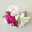 This lovingly arranged bouquet exudes gentle optimism, as though it has just been carried through one of Grove Park's leafy lanes after a joyful celebration. At its core sit rich magenta-pink peonies, their luxuriant petals layered in soft, undulating ruffles that invite the fingertips and the imagination. Some blooms are fully open and expressive, while others are in the earlier stages of unfurling, giving the composition a sense of unfolding stories and new chapters. Surrounding them, cool, creamy white alstroemeria fan out like a protective halo, each elongated petal touched with fine maroon streaks that add subtle drama and complexity. The interplay of colours is balanced and harmonious: the boldness of the pinks tempered by the calm of the whites, creating a bouquet that feels both joyful and serene. Fresh green buds and tender stems emerge between the flowers, bringing a touch of tension and promise, as if more blossoms will appear with time. The stems are gathered by hand and wrapped in a pale pink satin ribbon, its smooth surface gleaming softly in the light, echoing the celebratory mood of weddings, anniversaries, and heartfelt gatherings. The neutral linen backdrop ensures all attention is drawn to the flowers, while gentle shadows and highlights reveal the careful placement of each stem by an experienced florist near Grove Park station. Imagining the scent, there is the suggestion of a light peony sweetness mingling with green, rain-washed notes, reminiscent of early summer air along the Thames. Perfect as a bridesmaid posy, birthday surprise, or thank-you gift delivered throughout Grove Park, this bouquet lingers in memory with its quiet grace and tender colour palette.