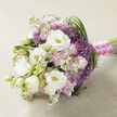 A carefully hand-tied bouquet lies horizontally against a pale beige, gently textured fabric backdrop, the neutral surface allowing every petal and leaf to be clearly defined. The central focus is on lush white lisianthus, their layered petals unfolding in soft spirals around subtle yellow-green centres, mingling with smaller buds that hint at blooms still to come. Surrounding them are generous sprays of soft pink and lilac-mauve stock, each stem covered in ruffled florets that create a cloud-like fullness, giving the bouquet a distinctly romantic, almost vintage air, like something carried to a quiet ceremony near Grove Park station. Punctuating these tender tones are vivid purple, star-shaped filler flowers, likely a variety of ornamental allium, their spiky forms adding playful texture and a modern edge that keeps the design from feeling too traditional. Long, supple strands of deep green foliage loop and curve throughout, particularly around the right side, introducing movement, balance, and a sense of natural rhythm, as if the bouquet has just been gathered from a beautifully tended cottage garden tucked off one of Grove Park's leafy side roads. The stems are neatly bundled and wrapped with a smooth band of fuchsia satin ribbon, the colour echoing the pink notes of the blooms while standing out boldly against the greens. A delicate trail of tiny white pearls runs along the ribbon wrap, catching the light like droplets of morning dew and elevating the bouquet into true bridal territory. The atmosphere of the image is calm, refined, and filled with quiet joy, ideal for a wedding day, vow renewal, or meaningful celebration where understated elegance is cherished.