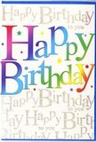 The birthday card in this image radiates a feeling of easy, joyful celebration, much like a relaxed gathering with friends in a Grove Park back garden. At its heart, the bold message Happy Birthday stretches broadly across the front, rendered in plump, well-spaced letters that curve gently and feel light-hearted. Each letter contains a sweeping gradient of colour, shifting effortlessly from rich, cherry reds and rosy pinks through jewel-toned blues and watery greens, then into soft, sunny yellows and light golds. This colour flow is so smooth that no harsh edges appear; instead, the hues blend in a misty, airbrushed style that gives the words a soft glow. Filling the entire backdrop, delicate lines of looping script repeat the phrase Happy Birthday to you, as though the card is quietly humming the familiar tune. This script is done in shining gold ink that catches and reflects light, adding a refined sparkle similar to the way evening sun flickers through the trees along Grove Park's residential streets. Tiny accents-specks and petite star shapes in matching rainbow shades-are sprinkled across the surface, enhancing the impression of floating confetti or distant twinkling lights. The card's surface looks smooth with a gentle sheen, suggesting a quality finish that feels pleasant to handle. From the viewpoint of Grove Park Florist, accustomed to teaming such cards with bright birthday flowers for delivery throughout the area, this design feels like a visual toast to the recipient: bright, affectionate, and full of the kind of warmth that turns an ordinary birthday into a memory to treasure.