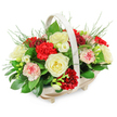 This image shows a calm and dignified funeral flower basket, its soft colours and natural textures set off by a bright, uncluttered white background. The basket is crafted from pale wood, shallow and oval, with its base raised delicately on four small feet. A matching light-coloured handle arches smoothly above the arrangement, forming a simple, elegant frame that echoes the gentle shapes found along Grove Park's riverside paths. Inside, the flowers are arranged in a dense, domed cluster that just tips over the basket's rim, creating a sense of fullness and quiet generosity. Creamy white roses are a focal point, their blooms fully opened so that each velvety petal curves outward in a soft spiral, evoking peace and a sense of final rest. Around and between them, deep red carnations gather in textured clusters, each ruffled head composed of many fine petals that add depth and a rich, emotional tone. Softening the contrast are delicate carnations in pale pink and white, some with subtle red edging or speckles, bringing a gentle, affectionate note that feels fitting for a personal farewell. Finer details appear in the form of small white flowers, similar to freesias, on slender stems; some of these are open bell-shaped blooms, while others are still tight buds, suggesting continuity and hope. The blossoms are supported by a generous base of dark, glossy green leaves, with broad foliage giving structure and feathery, fern-like sprigs lifting and softening the outline. Every petal, leaf, and wooden grain is clearly defined, highlighting the care of a skilled local florist. This arrangement would be suited to a funeral or memorial service in Grove Park, a quiet church near the station, or as a sympathy gift delivered to a family home, offering a gentle, steady presence in a time of loss.