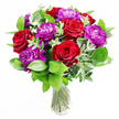 Here, a lavish bouquet of deep red roses and luxuriant purple peonies is displayed in a simple clear glass vase, the kind of arrangement you might find lighting up a family table in Grove Park on a special evening. The roses are open and full, their velvety petals wrapping around each other in rich spirals, each bloom like a tiny, heartfelt declaration. The peonies sit alongside them in rounded clusters, their myriad ruffled petals catching the light in different ways, creating a sense of softness and depth that gently tempers the boldness of the red. Framing these central flowers is an abundant mix of greenery: smooth, glossy leaves offering a fresh, verdant background, and delicate eucalyptus stems weaving through the bouquet, their cool, silvery tone adding an understated sophistication. The balance of colour and texture feels artful yet natural, as though the flowers have been freshly arranged just a short walk from Grove Park station, ready for same-day delivery to homes along the quiet residential streets or overlooking the Thames. The clear vase reveals the stems aligned and trimmed with precision, standing in clear water that hints at the bouquet's freshness and the care taken by the florist. As you picture it in place, you can almost sense the gentle scent-sweet floral notes mingling with the crisp greenness of the leaves-spreading through the room, making the bouquet perfect for anniversaries, intimate birthdays, or those spontaneous moments when someone in Grove Park deserves to feel truly cherished.