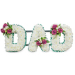 A solemn, hand-crafted funeral tribute spells out DAD in three large, sculpted letters laid against a pristine white background. Each letter is built from a dense, cushion-like carpet of pristine white chrysanthemums - small, fluffy florets packed so closely they read as a soft cloud of petals. The edges of every letter are crisply defined by a pleated emerald-green ribbon that traces both outer and inner contours, the ruffled trim giving a cool, leafy contrast to the warm white mass. Nestled into three deliberate points across the piece are clusters of rich magenta roses, some tightly budded, some opening to reveal velvety hearts, each paired with tiny white freesia or similar delicate white spray flowers and deep green foliage for depth and shadow. The first D bears its cluster on the upper left curve, the A's bouquet sits tucked into the lower central V, and the final D mirrors the first with a cluster on the upper right curve - a balanced, considered composition that reads clearly from a distance. A low, dark green-grey support bar runs behind the letters, hinting at a freestanding display for a graveside or chapel service. In soft studio light the chrysanthemums appear cloud-soft, the roses give a quiet perfume, and the green ribbon catches highlights that lend dignity and calm. As a local florist familiar with Grove Park and nearby Chinbrook Meadows, I visualise this arrangement pausing conversation at a wake or placed reverently by the family - a tactile, respectful emblem of memory and farewell.