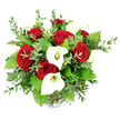 This photograph captures a striking bouquet of deep red roses and pure white calla lilies, presented against a simple, bright white background so that every detail of the arrangement is clearly visible. The bouquet forms a generously rounded dome, with velvety crimson roses clustered throughout the centre, their tightly layered petals creating richness and depth. Nestled between and around them, sleek calla lilies rise in gentle curves, each white trumpet enveloping a slender yellow spadix that adds a soft, creamy accent. Encircling the central flowers, a lush mix of greenery creates a textured frame-delicate eucalyptus sprigs with small, rounded, silvery-green leaves lend an airy, contemporary feel, while broader green leaves add structure and a sense of fullness. All the stems are gathered into a clear glass vase, the ribbed base of which is just visible at the bottom of the image, suggesting a neat, well-conditioned foundation hidden beneath the bloom-filled canopy. The evenly lit, crisp background lets the bouquet's colours stand out vividly, giving a sense that this design could be ready for swift, careful delivery to a home near Grove Park station or an intimate dinner party along Grove Park Terrace. The interplay of romantic red, serene white, and refreshing green gives the arrangement a timeless quality, ideal for anniversaries, proposals, Valentine's Day, or elegant wedding décor. The mood conveyed is both passionate and peaceful, as though the fragrance of roses and the cool scent of eucalyptus might gently fill a quiet Grove Park room the moment this bouquet is set down.