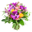 Captured against a clear white backdrop, this hand-tied bouquet glows with a sophisticated blend of vivid and pastel shades, each bloom contributing its own character. At the centre, glamorous Vanda orchids in rich, purple tones showcase broad petals adorned with intricate speckling, creating a dramatic, almost patterned focal point. Surrounding them, bright orange roses unfurl in tight, spiralled rosettes, their saturated colour suggesting joy and enthusiasm, while softer, pastel pink roses interrupt the intensity with gentle, romantic notes, some just beginning to open and others fully revealing their many layers. Threaded throughout the design, calla lilies in muted plum and lavender rise in graceful, trumpet-shaped arcs, adding height and a sleek, contemporary twist. The bouquet rests on a bed of mixed foliage: slim stalks of silvery-green eucalyptus weave among deeper, glossy leaves, giving both texture and a cooling contrast to the warm floral tones. Nestled discreetly between the main flowers, tiny lavender filler blooms and small green sprigs introduce an intricate, almost lace-like detail that rewards closer inspection. The stems below are clearly visible, neatly gathered and tied, underscoring the handcrafted quality of the piece and its readiness to slip into a favourite vase on a Grove Park windowsill or dining table. The overall effect is one of modern elegance and heartfelt celebration, a design perfectly suited for same-day flower delivery around Grove Park-ideal for birthdays, congratulations, or simply bringing a burst of colour and fragrance to a home near the park or along the quiet residential streets nearby.