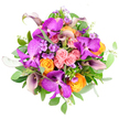 Photographed from overhead on a pure white surface, this lavish bouquet appears as a perfectly rounded tapestry of blooms, the sort of composition that suggests the practiced touch of a Grove Park florist familiar with the tastes of local residents. Dominating the eye are several Vanda orchids in rich fuchsia and deep magenta purple, their thick, slightly waxy petals decorated with fine tessellated patterns that catch the light and give each flower a uniquely exotic presence. Interwoven with these orchids, clusters of roses gather tightly, their petals spiralling inward in shades of soft blush pink, cheerful orange, and luminous golden yellow, creating a warm, sunlit effect at the heart of the bouquet. Deep plum and aubergine calla lilies arc through the flowers, their smooth trumpet shapes curving with quiet confidence, adding a modern, sculptural contrast to the softer rose petals. Between these statement blooms, small clusters of lavender and pale purple filler flowers-reminiscent of phlox-add a misty layer of texture, softening the lines and lending a gentle, garden-inspired charm one might associate with leafy streets around Grove Park. The arrangement is framed by generous greenery: broad, vibrant emerald leaves offer structure and fullness, while rounded, silvery-green eucalyptus foliage introduces subtle cool tones and hints at a refreshing, aromatic scent. Crafted into a dense, dome-shaped composition, every blossom appears thoughtfully placed, allowing colours and forms to flow harmoniously. Under bright, even lighting, the bouquet radiates a mood of joyful celebration and refined elegance, making it easy to imagine this design brightening a home near Grove Park station or serving as a standout floral gift delivered for a special occasion along the riverside.