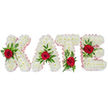 A thoughtfully arranged floral tribute spells the name KATE in large, three-dimensional block letters formed entirely from a dense cloud of small, pristine white chrysanthemums. Against a clean white backdrop the letters read clearly, each petal-packed surface giving a soft, rounded texture that suggests quiet dignity and gentle comfort. The outer edges of every letter are finished with a pale pink satin ribbon, pleated delicately to catch soft light and add a refined, warm outline that lifts the composition from the background.

At the heart of each letter a single deep red rose anchors the design, offering a bold, tender focal point against the white chrysanthemums. Lush green foliage - a mix of broad glossy leaves and airy fern-like sprigs - cradles each rose and introduces natural movement. The placement is precise: the rose on the K sits on the lower part of its left vertical stroke; the A's rose blooms centrally at the top of its triangular peak; the T's rose rests at the base of the left side of its horizontal crossbar; and the E's rose nestles on its middle horizontal bar. The overall scent is subtle, a faintly sweet rose note undercut by the clean, faint earthiness of fresh greens. This bespoke arrangement carries the quiet respect of funeral flowers or a memorial tribute, the white chrysanthemums conveying purity and remembrance while the red roses speak of enduring love. Locally crafted with care, this style of tribute is suitable for services, celebration-of-life displays, or to be placed near Grove Park station or a local chapel, reflecting a calm and considered farewell for a much-loved person.