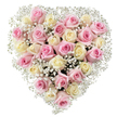 This heart-shaped bouquet, handcrafted by Grove Park florists, brings a touch of refined romance and gentle remembrance to the local community. Nestled together at the heart of the design, approximately thirty roses unfold in alternating shades-soft pinks that evoke the first blooms of springtime at Grove Park's gardens, and creamy whites tinged with a quiet hint of pale yellow. Each flower's velvety petals-and their natural spiraling-invite the imagination to sense their freshness; it's easy to picture a faint, sweet rose scent drifting in the air. Delicate clouds of baby's breath frame and flow through the roses, their wild, tiny white blossoms lending volume and a soft, ethereal energy, like morning mist rising over the Thames Path. Presented against a bright white background that highlights every blush and cream hue, the arrangement is full, symmetrical, and composed with both artistry and intention. This bouquet is a timeless tribute to love, loss, and gratitude-perfect for expressing heartfelt emotion at local Grove Park services or celebrations, or for commemorating milestones with the ones who matter most. Every carefully placed bloom is a testament to the dedication and skill of Grove Park's florists, imbuing the arrangement with sincere warmth, comfort, and the enduring connections that make the neighbourhood such a cherished place to call home.