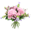 The image shows a beautifully composed bouquet resting against a pure white background, its blend of pinks, lilacs, and greens radiating a quiet, joyful charm that feels at home in Grove Park's peaceful streets. At the centre, two large domes of blush pink hydrangea immediately catch the eye, each formed from countless tiny petals that overlap and curl, creating a rich, cloud-soft texture that fills the arrangement with volume. Nestled among these hydrangeas are light pink roses; some are fully open, revealing their classic spiral centres and velvety petals, while others remain in more modest buds, hinting at the unfolding of affection over time. Rising gently above and between these larger flowers are slender stems of bell-shaped blooms in soft lavender and pale purple, reminiscent of campanula or delicate bellflowers, their nodding cups lending a sense of movement, as if stirred by a breeze drifting up from the nearby river. Scattered throughout are clusters of deeper fuchsia and rich pink filler blooms, perhaps waxflower or phlox-like flowers, adding bright accents that keep the eye travelling across the bouquet. All of this colour is cradled by fresh green foliage, with varied leaves and a few budding stems peeking through to emphasise the bouquet's freshness and natural beauty. At the bottom, the stems are visible, gathered neatly and tied in a classic hand-tied style, ready to be placed in a favourite vase on a windowsill overlooking Grove Park. The bouquet conveys warmth, romance, and gratitude, making it ideal for birthdays, anniversaries, or simply sending a thoughtful gesture of care to someone special in the local area.