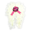 The photograph shows a pair of angelic wings designed as a floral funeral tribute, set against a simple white background so every detail stands out clearly. Each wing is built from countless small, snow-white blooms that look like chrysanthemums or spray carnations, pressed closely together until the surface appears soft and quilted, like a cushion of petals. The wings sweep outward gracefully, their curves suggesting open arms, while the outer edges are trimmed with light, downy white feathers that give the design a floating, celestial feel. At the centre, where the two wings meet, a round cluster of deep purple flowers or foliage creates a dark, velvety circle that draws the eye inward and adds depth to the otherwise pale palette. Resting on this circle is a bold fuchsia satin bow, the loops carefully shaped and the long ribbon ends trailing elegantly down the arrangement, the fabric smooth and gently reflective. Nestled securely in the middle of the bow is a single soft pink rosebud, its petals closed yet full, suggesting a message of gentle love and remembrance. The mood of the piece is quiet and comforting, ideal for placing beside a coffin or memorial photograph during services in Grove Park or the nearby Chiswick and Strand on the Green area. As a florist accustomed to creating thoughtful sympathy flowers for local families, I see these angel wings as a symbol of protection and peace. The combination of white flowers, feathers, and the subtle pink and purple tones offers a tender expression of condolence, honouring a life with grace and dignity.