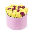 Layered in a modern, sculptural form, this vibrant bouquet sits in a round pastel pink box against a clean white backdrop. The dense cluster holds about 30 to 40 roses, the majority in bright sunny yellow and their petals still softly furled, interspersed with deep burgundy or purple roses that bring a regal note to the arrangement. The box itself is a soft-touch material, the curved, scooped front offering a peek at the floral heart inside, while the blossoms push slightly over the rim to signal generosity. A touch of greenery frames the display without stealing the show, letting the lemon-bright yellows and wine-toned blooms sing against the white. The image radiates warmth and celebration, ideal for same-day delivery across Grove Park for birthdays, anniversaries, or joyful congratulations. Produced with care by Grove Park Florist, this piece embodies the artistry and reliability of a local, neighbourhood florist serving Grove Park's homes and streets from the station area to residential streets.