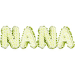 A softly whimsical, three-dimensional tribute spells out the name NANA in pale, cool green letters set against a clean white backdrop. Each capital character appears lovingly formed from hundreds of tiny, rounded segments - a clustered, almost cellular texture that reads like miniature green pearls or the frothy interior of a sliced cucumber. The surface is matt and tactile, pale lime to light chartreuse in hue, catching gentle, even light that gives the letters a subtle, inner glow and a soothing, natural presence. The shapes are plump and inviting, with rounded edges that suggest warmth and nurturing rather than formality; the composition has a comforting, almost edible freshness to it, as if each letter were grown rather than made. Around the contours a slim band of deeper leaf green traces the perimeter, providing clear definition and a crisp contrast that keeps the name legible from a distance. The overall mood is quietly affectionate and wholesome - a modern, green-tinged celebration of a grandmother's gentleness, suitable for memorials that lean toward nature and life-affirming imagery or for family pieces that recall home cooking and garden mornings. As a local florist's creation in Grove Park, the design would sit naturally alongside fresh wreaths and seasonal displays seen near Grove Park station and neighbourhood markets, offering a tactile, comforting tribute that evokes both home and earth. The delicate texture, cool palette, and three-dimensional craftsmanship combine to make a piece that feels personal, nurturing, and gently alive.