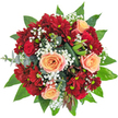 Radiant with colour and textured layers, this handcrafted bouquet from a Grove Park florist celebrates both tradition and local flair. At its core bloom lush, fully opened roses in soft apricot-peach, their petals unwinding with subtle hints of pink-a gentle echo of the pastel scenes at Chiswick riverside. Around them, red spray chrysanthemums infuse the composition with velvety richness, while deep red roses, tightly furled, add a note of romance and enduring beauty. Wisps of delicate white gypsophila float throughout, lightening the arrangement and evoking the airy, tranquil mood of nearby Grove Park footpaths in spring. A collar of glossy, dark green leaves frames the bouquet with luxurious depth, balanced by touches of silvery eucalyptus and sculptural, folded green accents. Hints of unique seed pods complete the design, adding natural artistry that could be inspired by woodland walks along the Thames. The bouquet's fragrance is an inviting blend of soft rose and fresh greenery, conjuring pleasure and serenity for any recipient. Perfect for sharing affection or marking occasions near Grove Park Station, each element reflects the skill and attention to detail found in the heart of the local community.