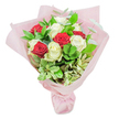 Elevated in front of a crisp white backdrop, this floral bouquet melds elegance and joy, echoing the spirit of Grove Park. Robust crimson roses, their petals rich with emotion, intermingle with white and ivory counterparts-each one fresh, full, and gleaming. Stretching between the roses lies a blend of glossy green leaves and sprightly eucalyptus, their mingled forms recalling riverside greenery or the orderly charm of Grove Park's residential gardens. All blooms are closely clustered in a classic dome shape, enveloped at the base in soft, blush-pink paper that hints at romantic festivities. The bouquet's colours and textures invite lingering appreciation; there's a subtle fragrance, delicate and enticing, as if plucked from a dawn stroll beside the Thames. This arrangement is perfect for anniversaries, thank-yous, or any celebration calling for a touch of Grove Park warmth and artistry-each detail meticulously crafted for memorable gifting and local delight.