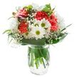 This bouquet, designed with care by the florists of Grove Park, radiates cheerful elegance on a bright white stage. At the centre, flouncy coral carnations come together in a joyful, textured display, exuding warmth and energy that echo springtime strolls along Grove Park's leafy avenues. White daisy chrysanthemums surround the core, their crisp petals and yellow-green eyes turning out like miniature sunbursts, bringing a youthful sense of hope and renewal. Gentle sprigs of baby's breath drift among the blooms, giving the arrangement an airy softness and highlighting its expertly balanced composition-a signature beloved by the local community. A few magenta alstroemeria buds poke from the left, deepening the colour palette and hinting at blossoms soon to unfurl. The bouquet is nestled in lush, layered green foliage, both broad and slender, which cradle each flower in a natural embrace, grounding the whole with verdant confidence. The blossoms and leaves find their home in a crystal-clear, water-filled glass vase, revealing every healthy green stem below the surface. Illuminated by even natural light, each detail shines with purposeful clarity and freshness. Ideal for birthdays, housewarmings, or simply delivering a dose of joy to friends along the River Thames or neighbours within Grove Park, this bouquet is a heartfelt celebration of local beauty and the seasons' gentle gifts.